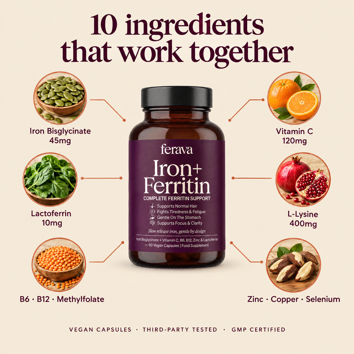 10 ingredients in Ferava Iron+ Ferritin with doses