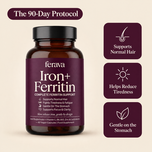 Ferava Iron+ Ferritin – the 90-day protocol: supports normal hair, helps reduce tiredness, gentle on the stomach